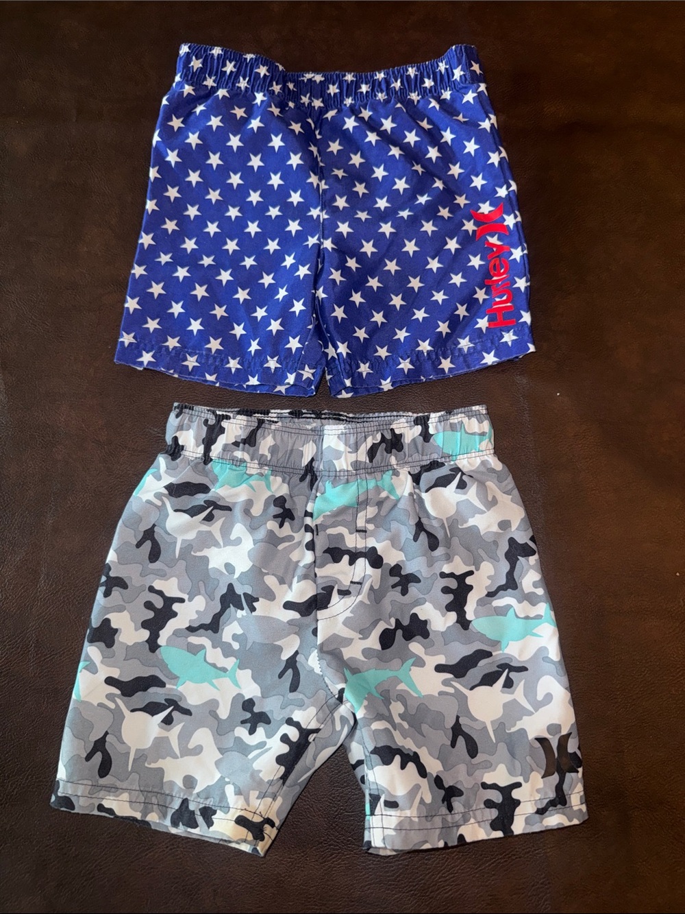 Hurley Blue White Star Swim Trunks & Gray Teal Camo Swim Trunks - Kids